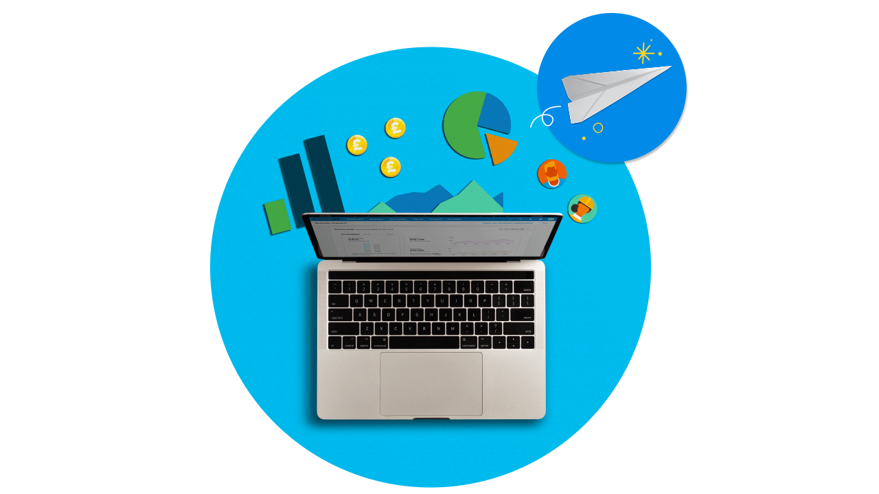 A laptop centered in a blue circle with various currency and graph icons framing the top. A paper airplane is off to the side